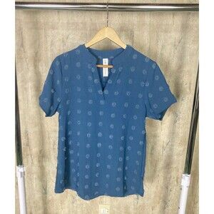 B Brand Blouse Blue Swiss Fuzzy Dot Shirt Top Women's Sz Medium V Neck EUC